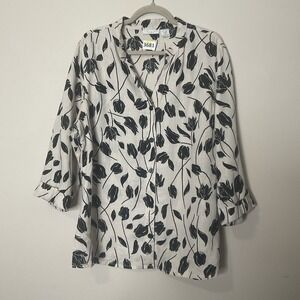 Tweeds Womens Linen Blouse Women's 1X Cream‎ Black Floral 3/4 Sleeve Coastal